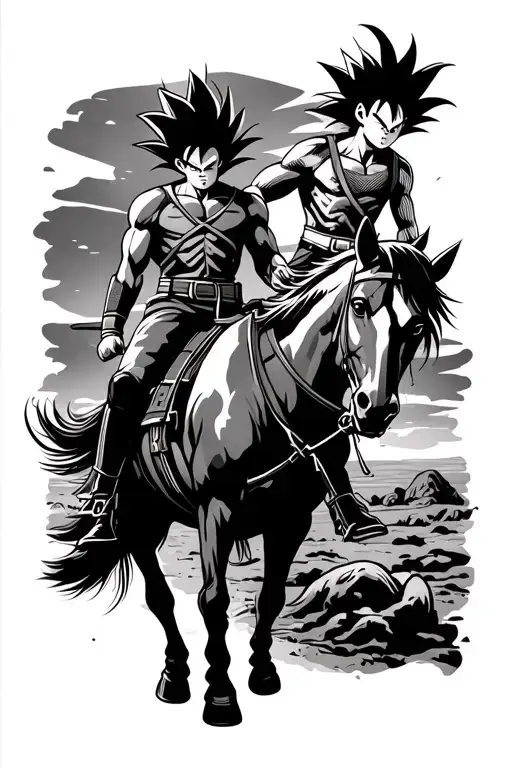 Vegeta And Goku As Lone Ranger And Tonto Riding Horse Into The Sunset