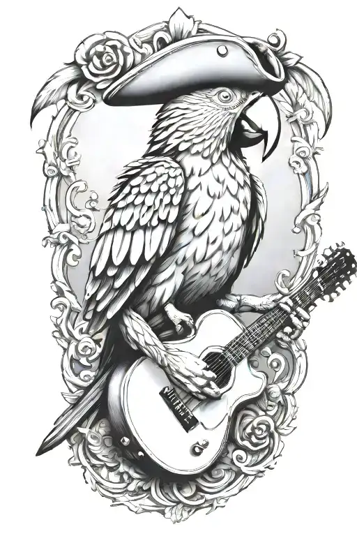 Parrot Pirate Hat Perched On Guitar