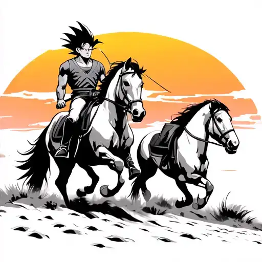 Vegeta And Goku Riding Into The Sunset On Horses Cowboy Style