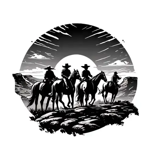 Cowboys Riding Horses Into A Canyon With The Sunset In Background