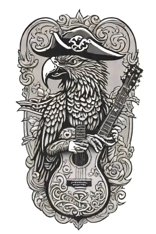 Parrot Pirate Hat Perched On A Guitar