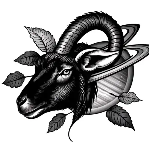Sea Goat With The Capricorn Zodiac Sign With Leaves And The Planet Saturn