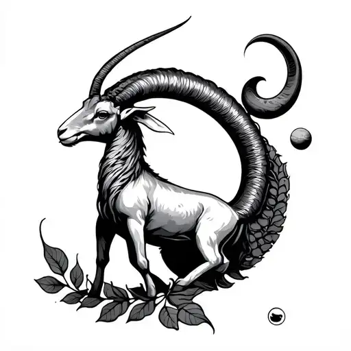 Sea Goat And Tail With The Capricorn Zodiac Sign With Leaves And The Planet Saturn