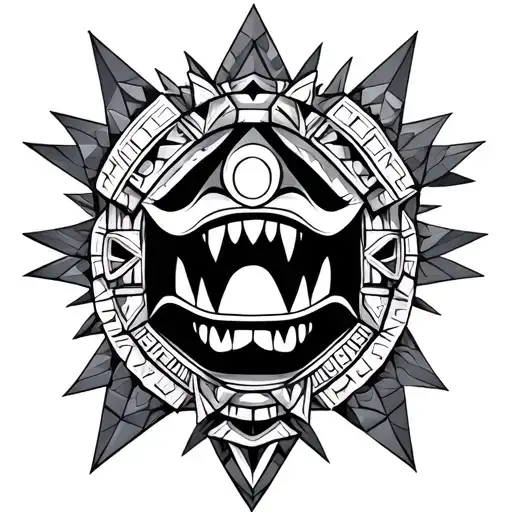 Aztec Geometric God With Big Teeth And Eyes In The Middle And Ornaments Around