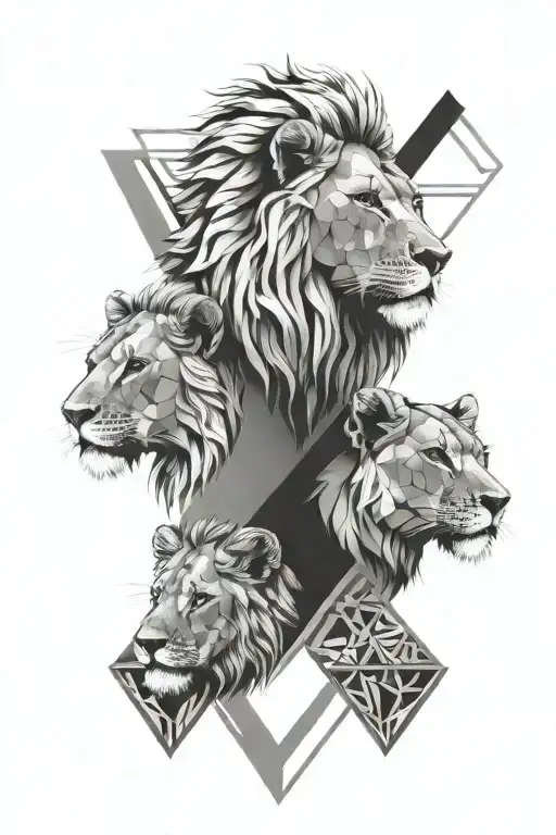 Elegant Geometric Lion Head Tattoo And 2 Lion Cub Heads