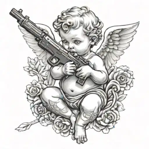 Gangser Tattoed Baby Angel Holding Gun
