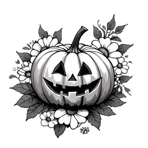 Pumpkin With Flowers And A Paw Print Surrounded