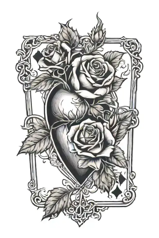 Small Heart Covered By A Rose With Thorns On A Playing Card