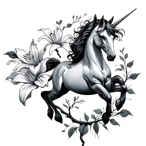 Mystic Dainty Vine With Lily With Majestic Dainty Unicorn Flying Through