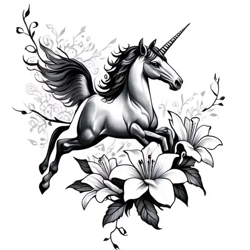 Mystic Dainty Vine With Lily Flower With Majestic Dainty Unicorn Flying Through