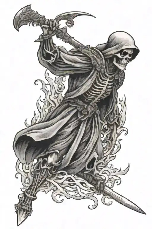 Skeleton With Tunic And Scythe Surrounded By Flames