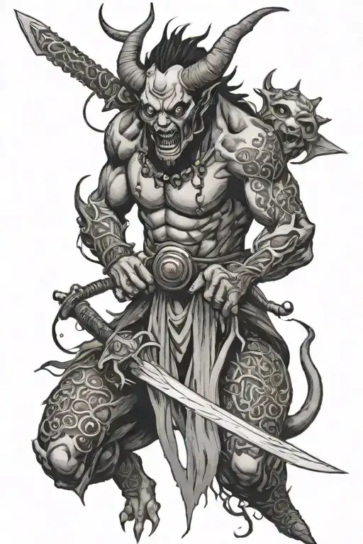 Samuri Demon With A Sword Tattoo With Little Detailing