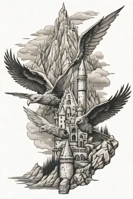 Harry Potter Castle Overlooking Mountain Hedwig Buckbeak Wand