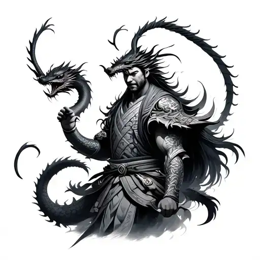 Japanese Warrior Surrounded By Dragon Wrapped