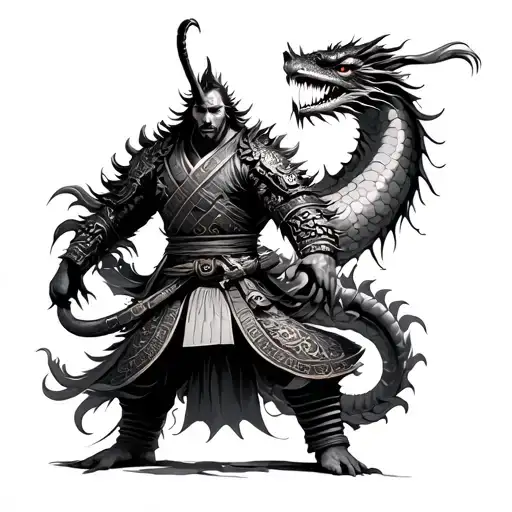 Japanese Samurai Warrior Wrapped By Dragon