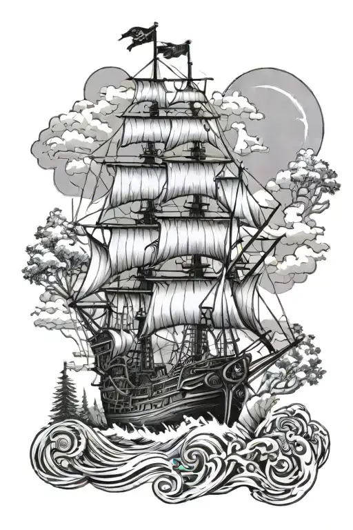Pirate Ship Sailing In The Pacific Northwest Forest And Ocean