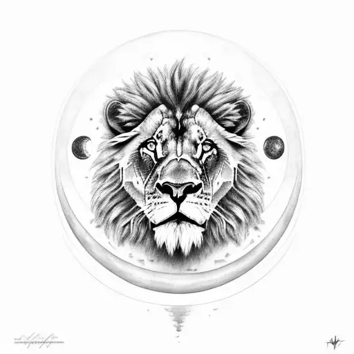 A Black And Grey Portrait Of A Lion With The Moon As Its Mane