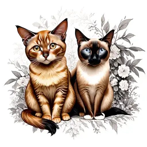 Victorian Style Orange Tabby Cat And Siamese Cat Sitting In Vintage Victorian Gothic Surroundings