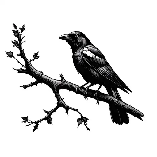 Black And White Tattoo Of Crow On A Branch