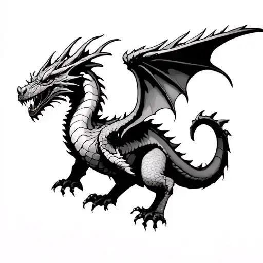 Half Dragon With Big Wings Craving On A Wall