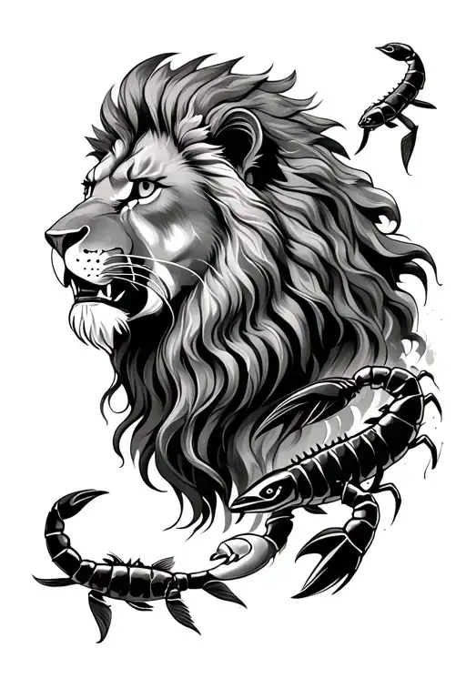 Lion With A Scorpion Next To Him And Two Fish Swimming