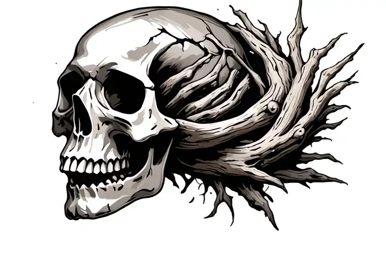 Driftwood Skull Mix For Arm Tattoo Design