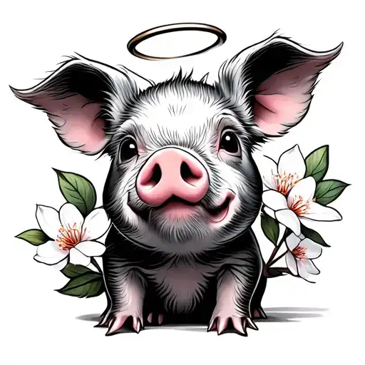 Cute Baby Pig With Cherry Blossom Behind One Ear And A Halo