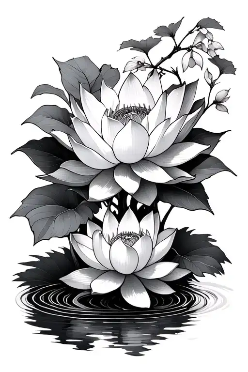 Lotus Flower And Cherry Trees