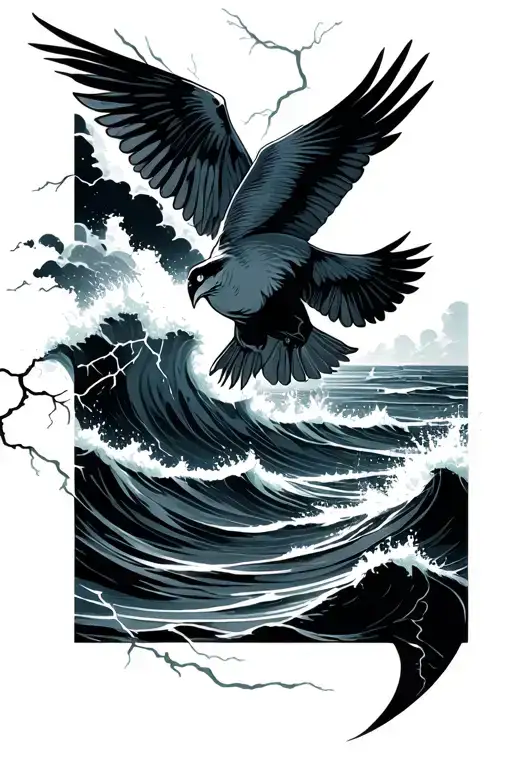 Stormy Ocean With Lighting With Flying Bird Flying