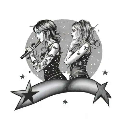 A Tattoo Of Two Female Silluette Friends Under A Sky Full Of Shooting Stars With Music Notes