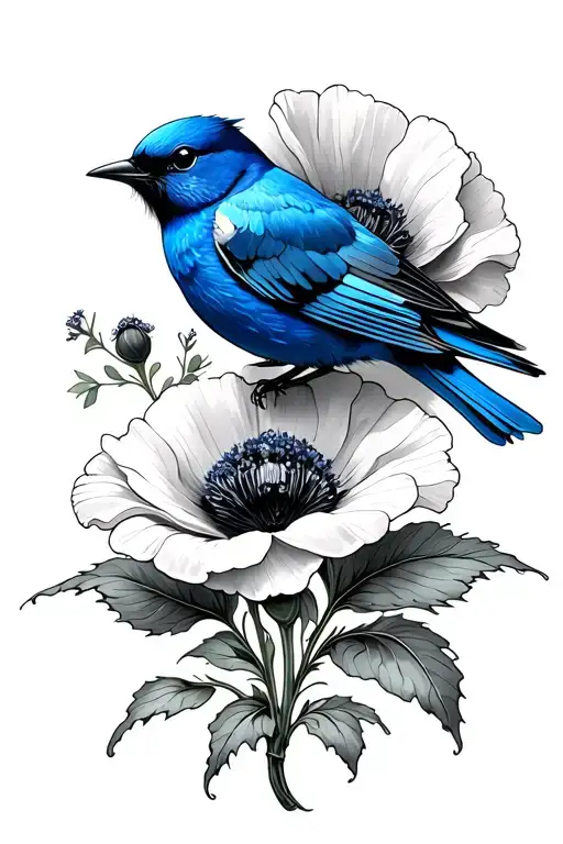 Poppy Flower And Blue Bird