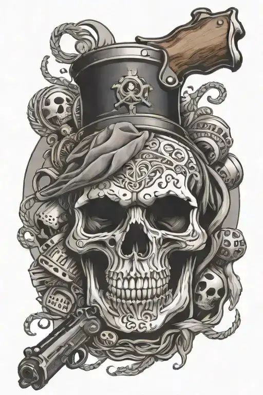 Skull Face Dice Rolling Money Bag Gun Surrounded