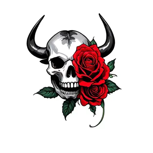 Skull Red Rose Bull