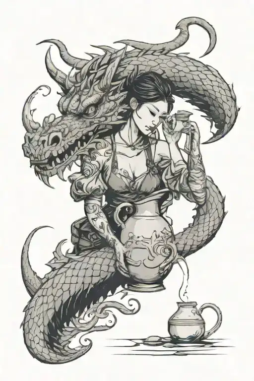 A Girl Pours Water From A Jug And A Dragon Wraps Around Her And Next To Her