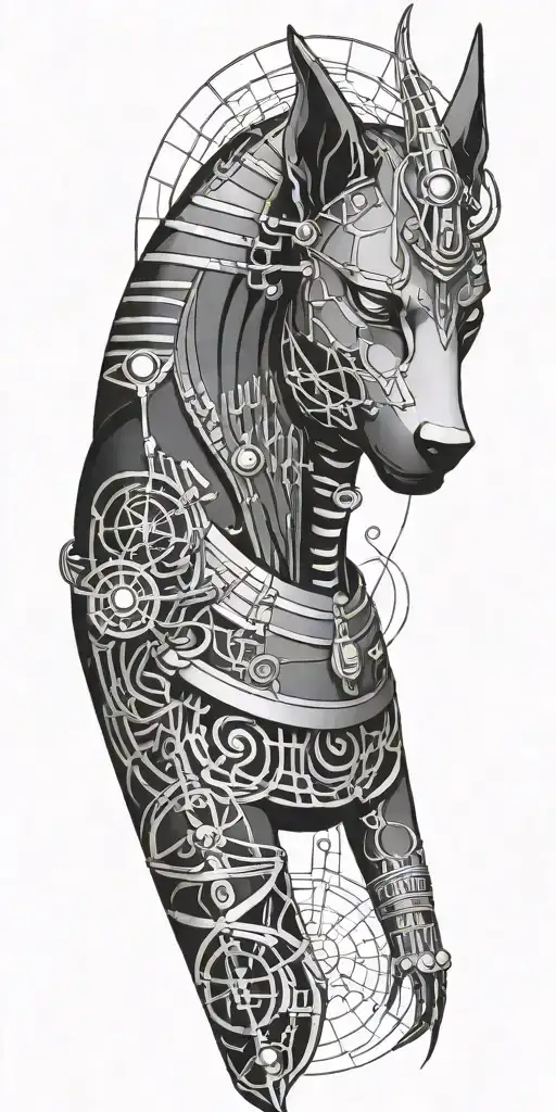 An Anubis-inspired Design Incorporating Scientific Symbols Like Dna Strands Or Molecules