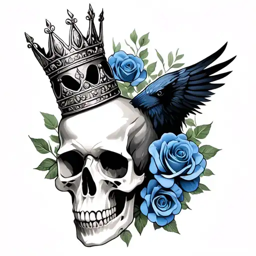 Skull Wearing Crown With Raven On And Blue Roses Intertwined