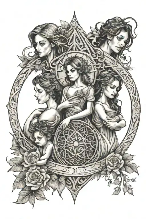 Mother With Son And Daughter In Hourglass Tree Of Life Pisces