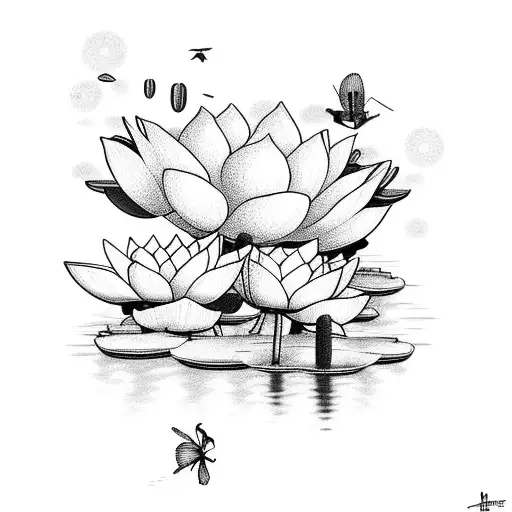 A Tranquil Lake Surrounded By Blooming Lotus Flowers And Dragonflies