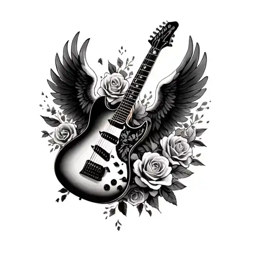 Guitar With Wings And Roses Growing