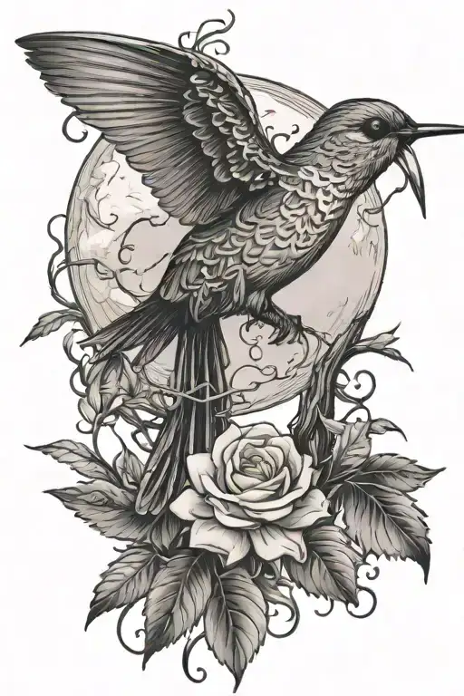 Full Moon With Vines Growing With A Hummingbird Hovering