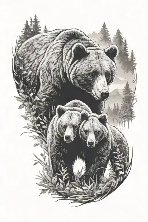 Mamma Bear With Cub In Nature Scene