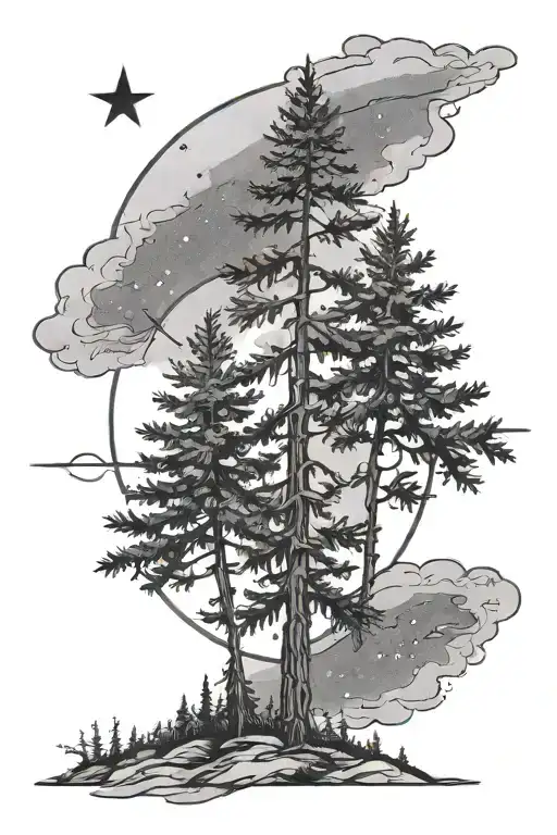 Two Evergreen Trees With A North Star