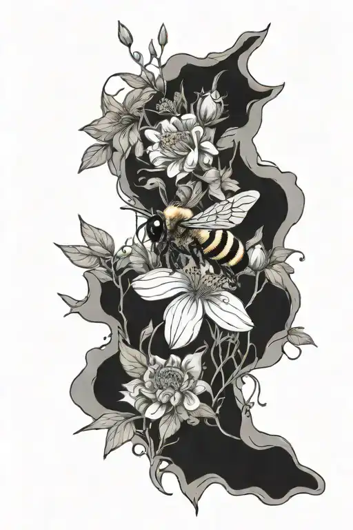 Wild Flowers And Garden With Bee Flying