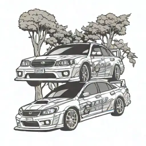 Cancer Ribbon On Subaru Rally Car With Tree Behind The Car