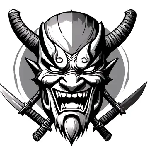 Japanese Oni Mask With Two Katana Swords