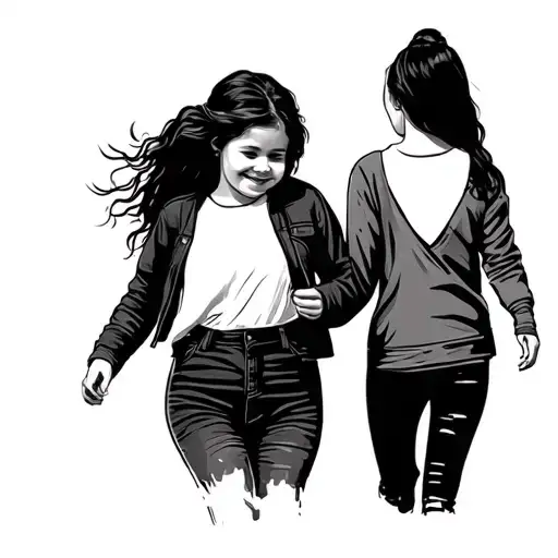 Mom And Daughter Walking On The Road