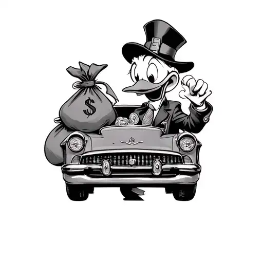 Scrooge Mcduck With Money Bag And Modern Car Surrounded
