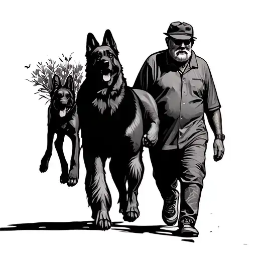 Make A Line Art Of A Bompa That Is Walking With His Granddaughter And A German Shepherd