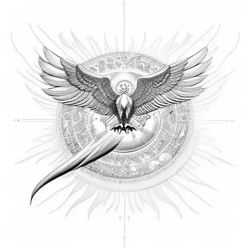 An Intricate Black And Grey Design Of A Soaring Eagle With A Sun And Moon On Each Wing