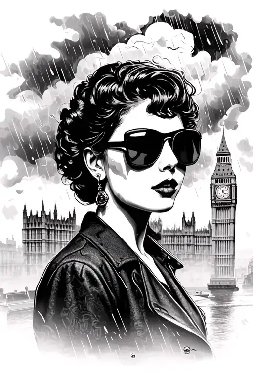 Woman In Aviators London England Rainy Thundery Clouds With Big Ben London In The Background